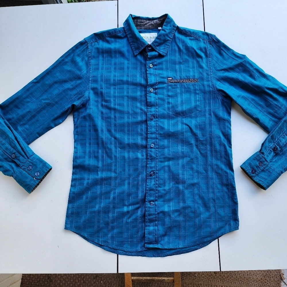 Guess Mens Button Up Dress Casual Shirt Teal Blue Textured Long Sleeve Cotton M